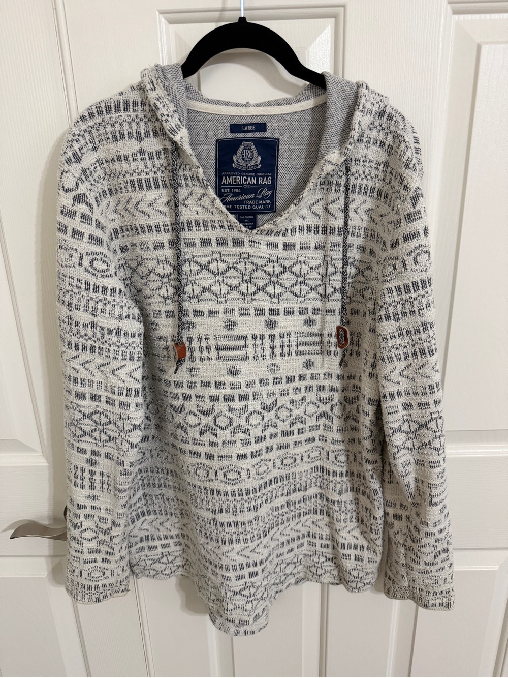 American Rag Cie Men L Cream Navy Baja Geometric Hooded Pullover Hoodie